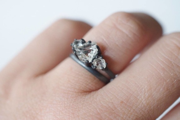 Wedding Set Oxidized or Bright Silver Ring Raw Stone Engagement Rings - Picture 1 of 10